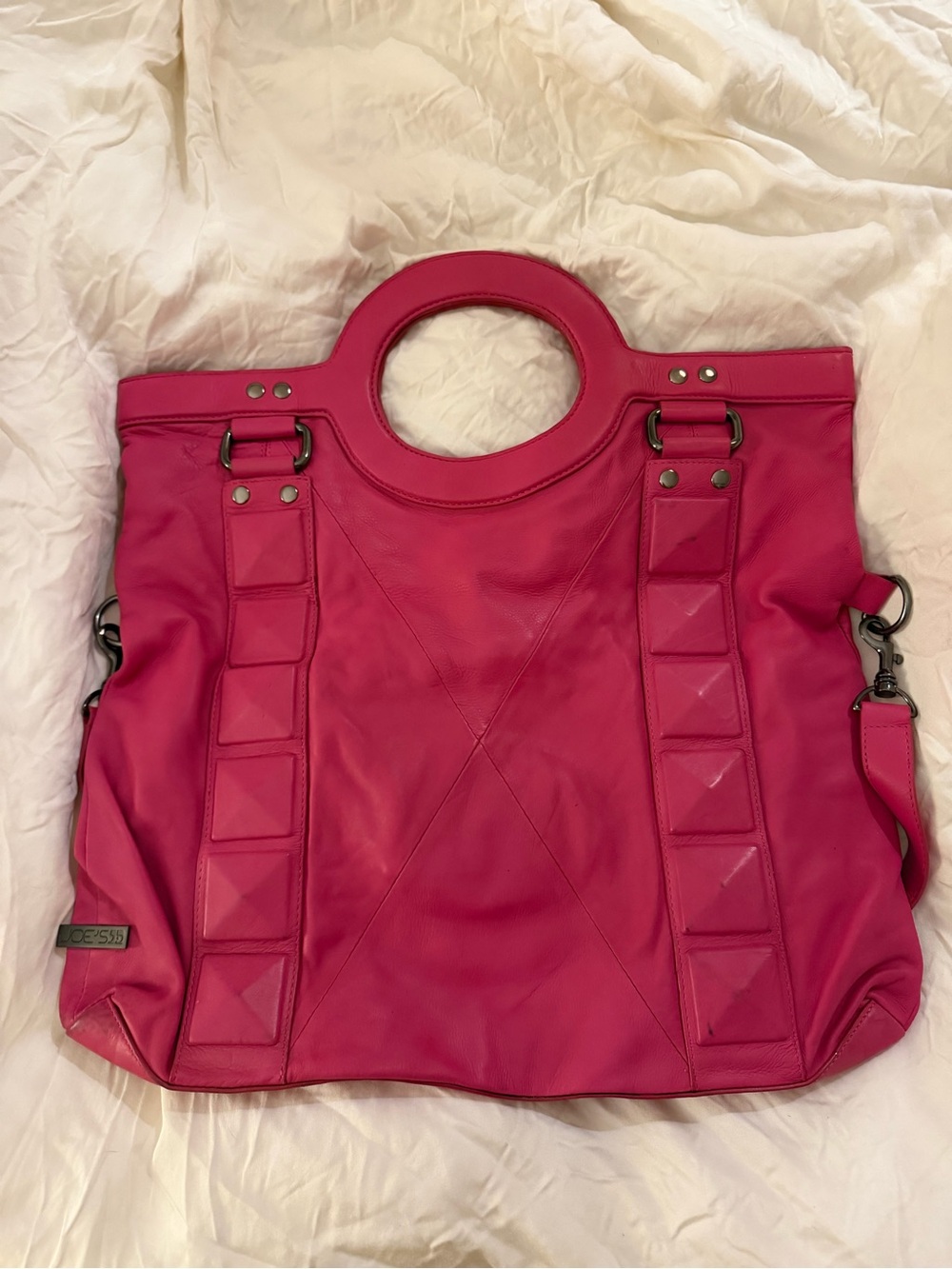 Leather & Hot Pink, Women’s Tote Bag with Circular Handles & Shoulder Strap